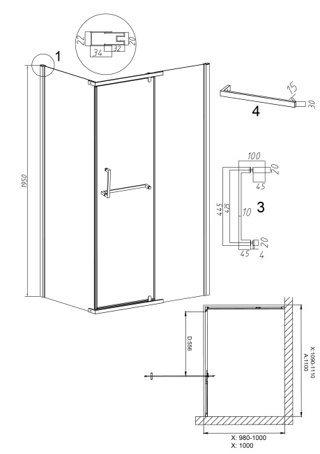 Grossman Pragma 100.K33.03.110.10.02-200.K33.03.100.10.02 (110х100х195) распашная(левая),хром,стекло шиншилла,2 места