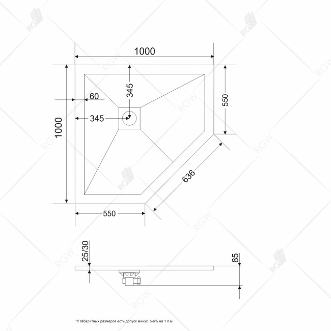 RGW ST/T*-0100G Графит/Трапеция Ø90 Каменный/100*100*3  (сифон,экран,ножки приобретается отдельно)