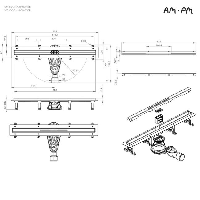 Am.Pm MasterFlow 60 W01SC-S11-060-05SB с решеткой Хром матовый Slim line