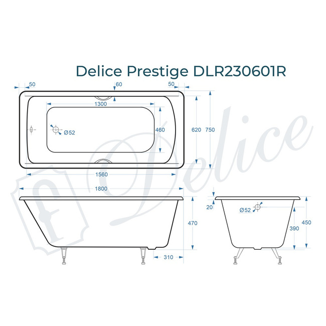 Delice Prestige 180х75 с отверстиями под ручки (в комплекте только ванна, без ножек и слива-перелива)